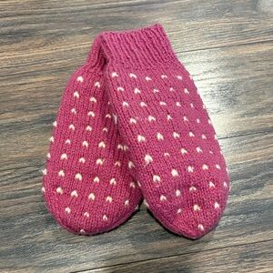 Pink Knit Mittens with White Polka Dots